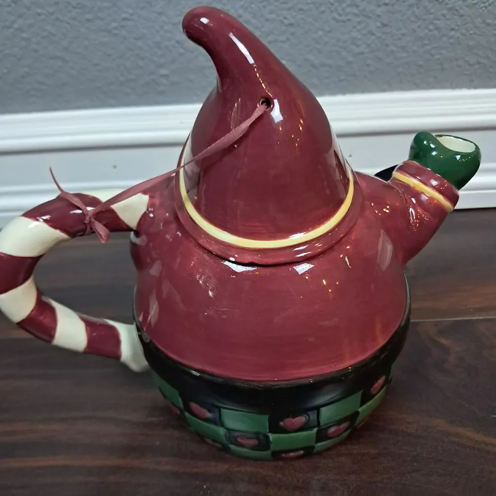 Vintage Christmas Santa Teapot Candy Cane Handle Ceramic Holiday Tea Pot Lantern